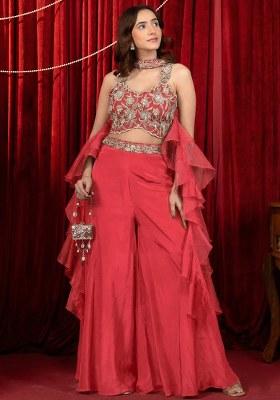 Coral Red Crepe Embroidered Handwork Fusion Set