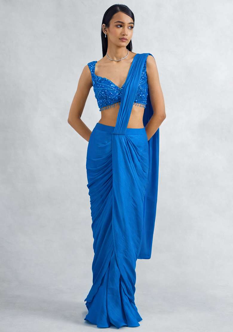 Blue Chinon Embellished Handwork Pre Draped Saree Set - Indya