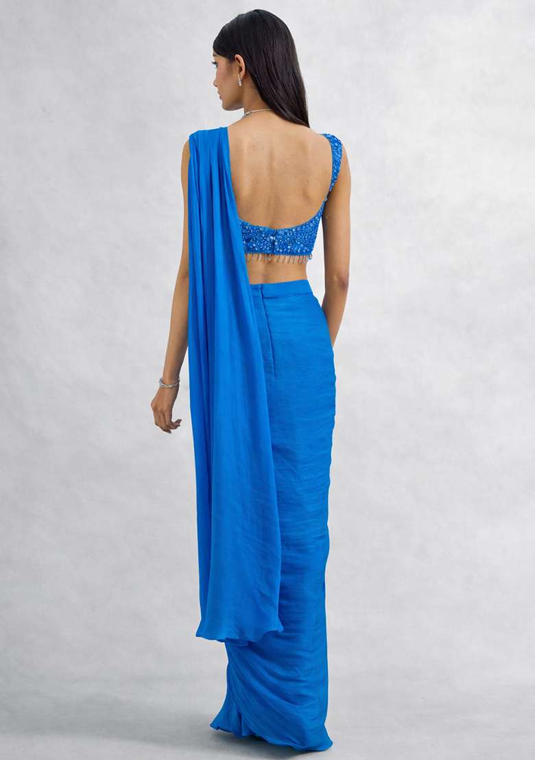 Blue Chinon Embellished Handwork Pre Draped Saree Set - Indya
