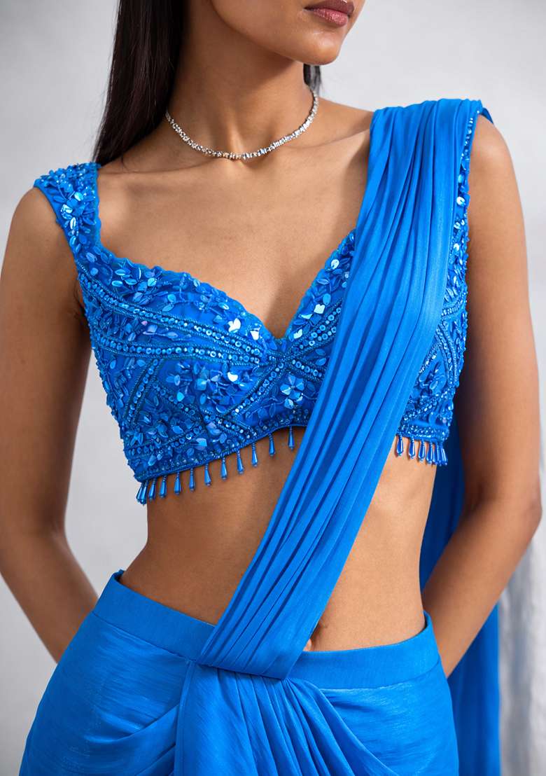 Blue Chinon Embellished Handwork Pre Draped Saree Set - Indya