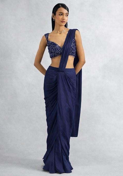 Royal Purple Chinon Embellished Handwork Pre Draped Saree Set