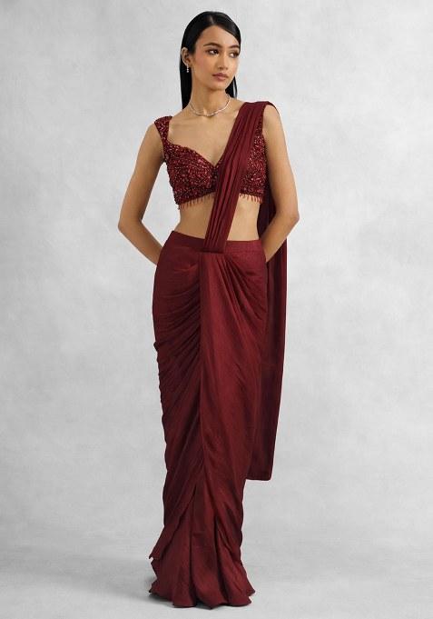 Red Chinon Embellished Handwork Pre Draped Saree Set