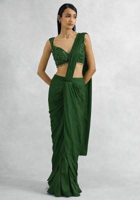 Green Chinon Embellished Handwork Pre Draped Saree Set