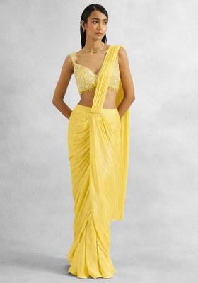 Yellow Chinon Embellished Handwork Pre Draped Saree Set