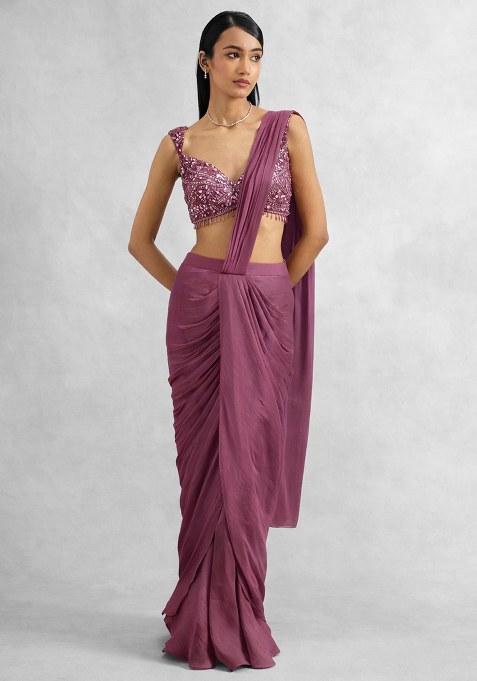 Mauve Chinon Embellished Handwork Pre Draped Saree Set