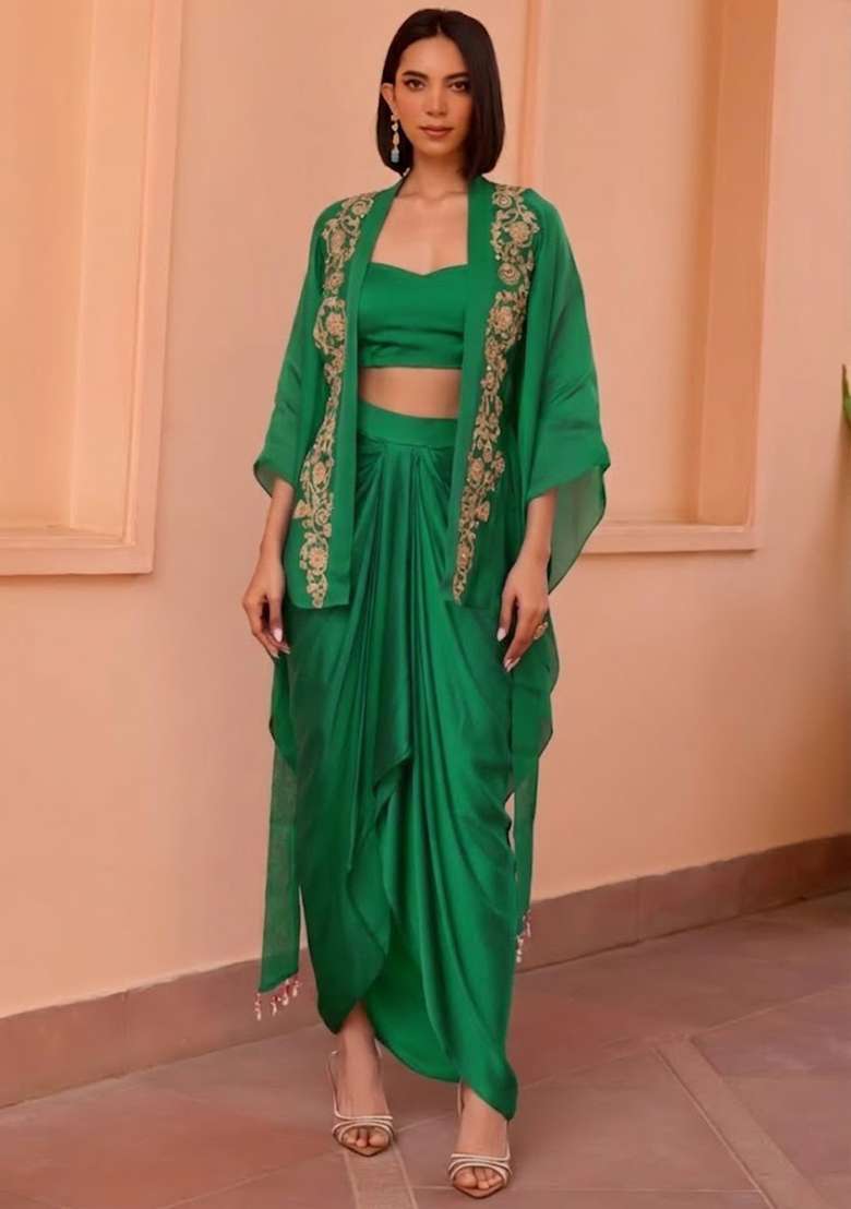 Emerald Green Satin Embroidered Handwork Fusion Set - Indya