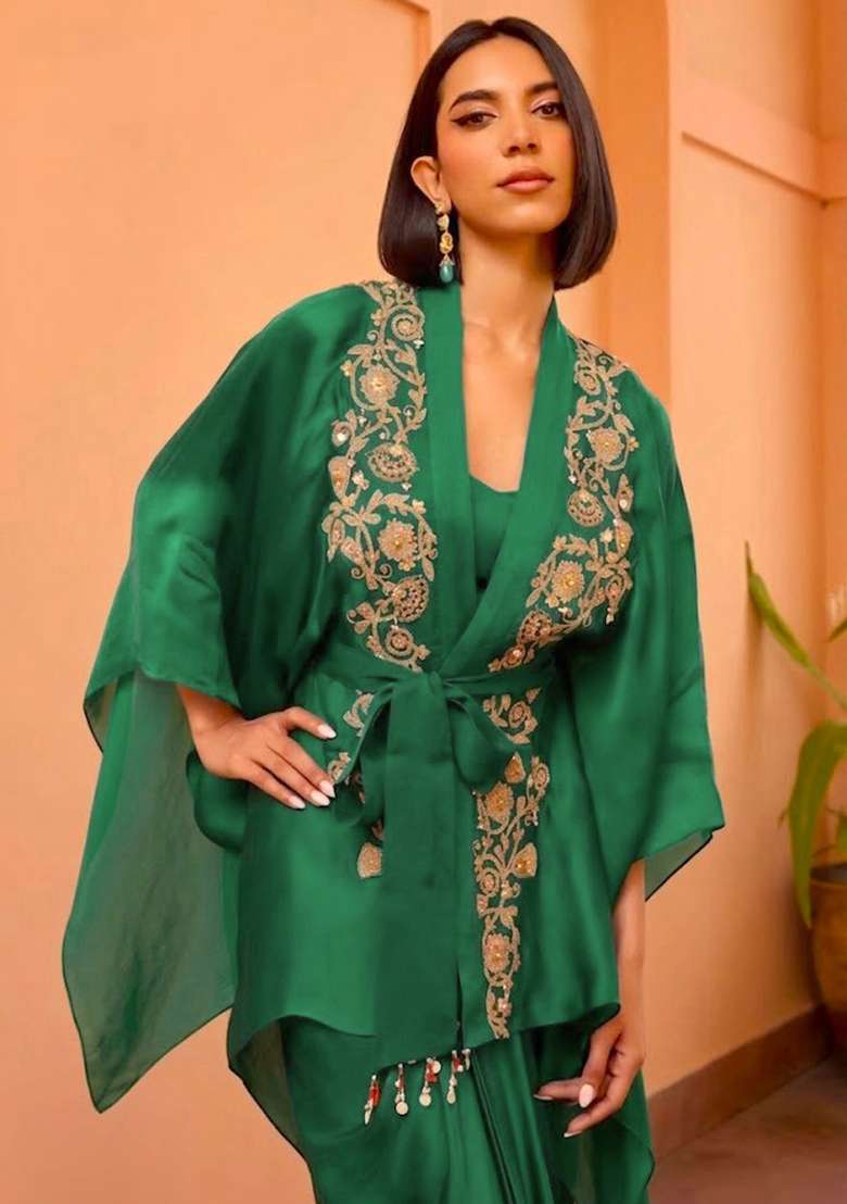 Emerald Green Satin Embroidered Handwork Fusion Set - Indya