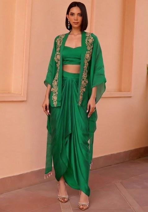 Emerald Green Satin Embroidered Handwork Fusion Set