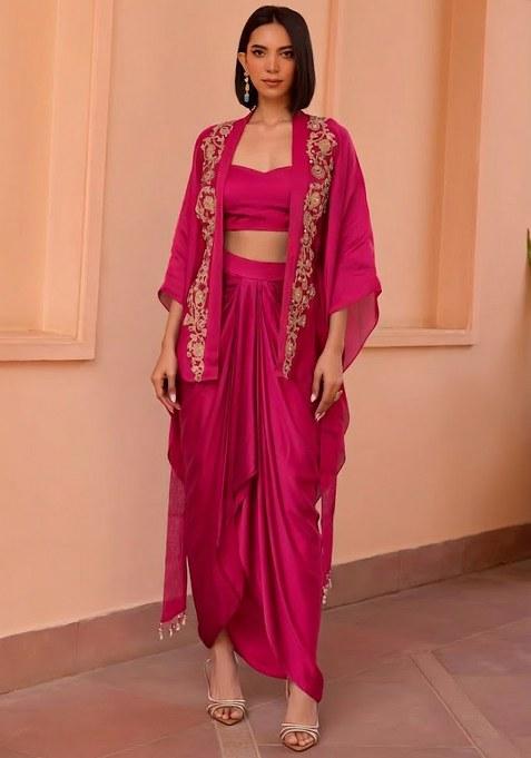 Hot Pink Satin Embroidered Handwork Fusion Set