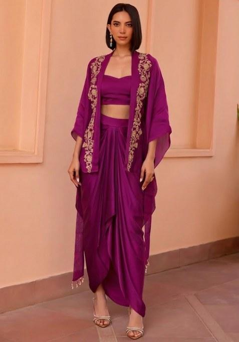 Purple Satin Embroidered Handwork Fusion Set