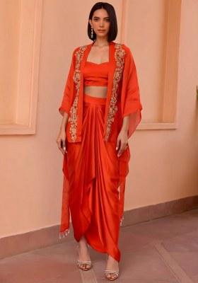 Orange Satin Embroidered Handwork Fusion Set