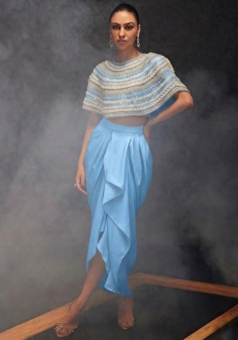 Sky Blue Satin Embellished Handwork Fusion Set