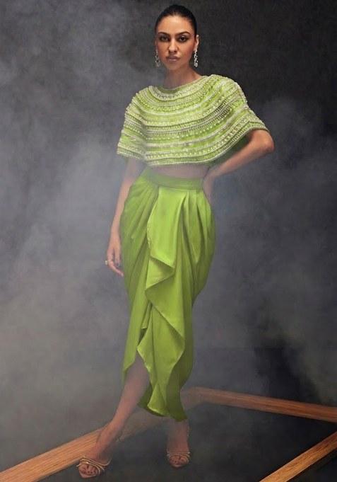 Leaf Green Satin Embellished Handwork Fusion Set