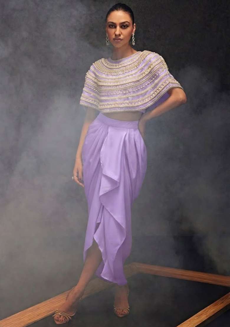 Lavender Satin Embellished Handwork Fusion Set - Indya
