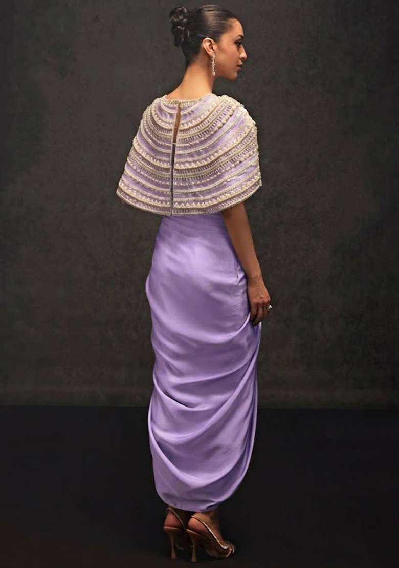 Lavender Satin Embellished Handwork Fusion Set - Indya