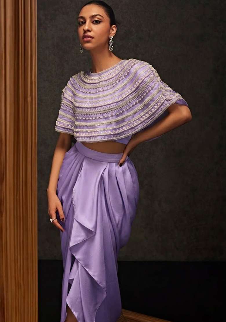 Lavender Satin Embellished Handwork Fusion Set - Indya