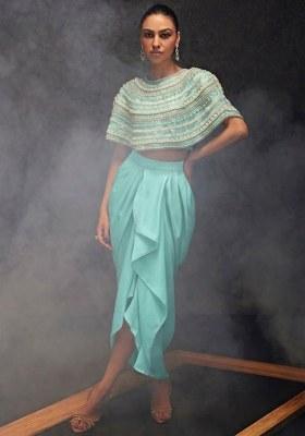 Mint Green Satin Embellished Handwork Fusion Set