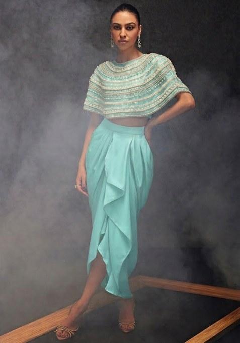 Mint Green Satin Embellished Handwork Fusion Set