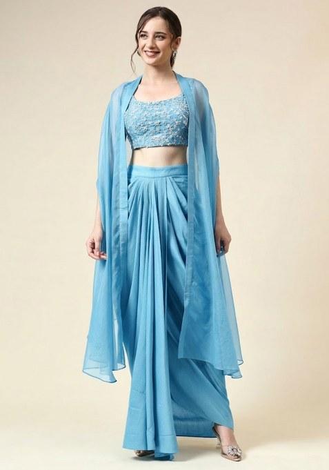 Sky Blue Crepe Embellished Handwork Fusion Set