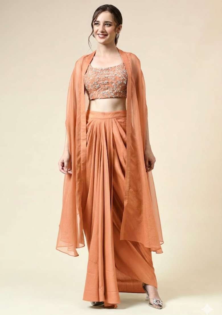 Rust Silk Embellished Handwork Fusion Set - Indya