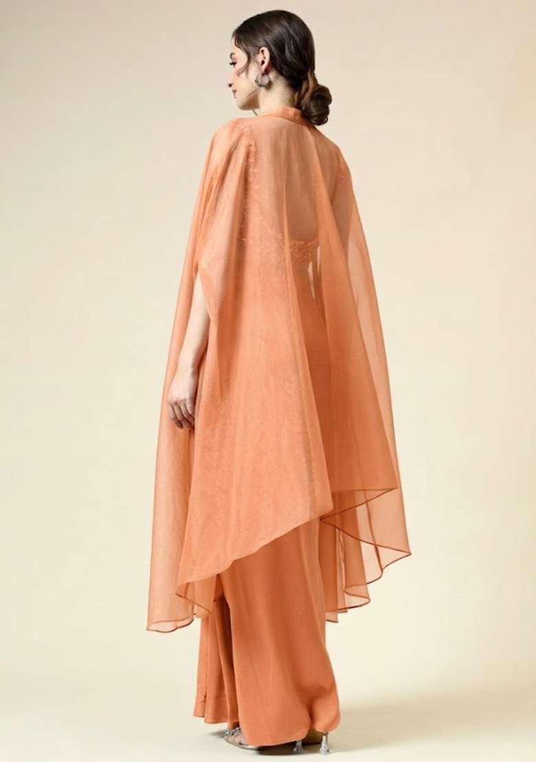 Rust Silk Embellished Handwork Fusion Set - Indya