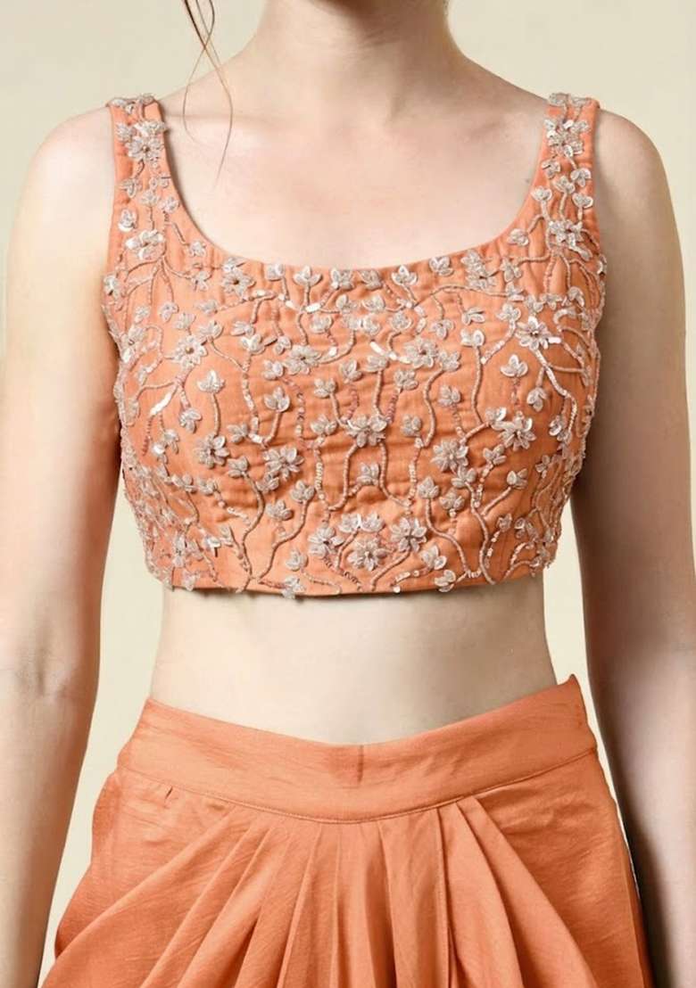 Rust Silk Embellished Handwork Fusion Set - Indya
