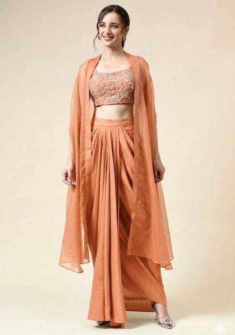 Rust Silk Embellished Handwork Fusion Set
