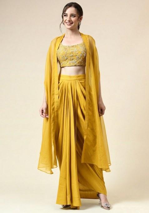 Yellow Silk Embellished Handwork Fusion Set