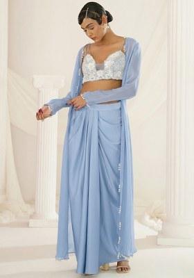 Soft Blue Crepe Embellished Handwork Fusion Set