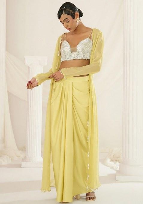 Pastel Yellow Crepe Embellished Handwork Fusion Set