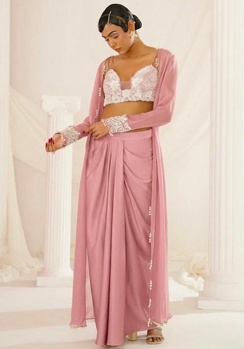 Pink Crepe Embellished Handwork Fusion Set