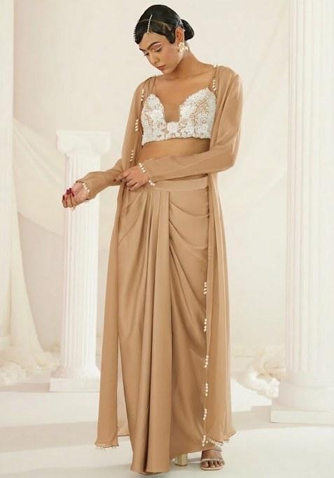 Beige Crepe Embellished Handwork Fusion Set