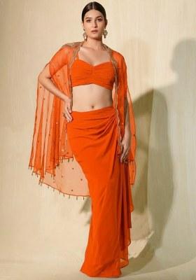 Orange Crepe Sequin Handwork Fusion Set