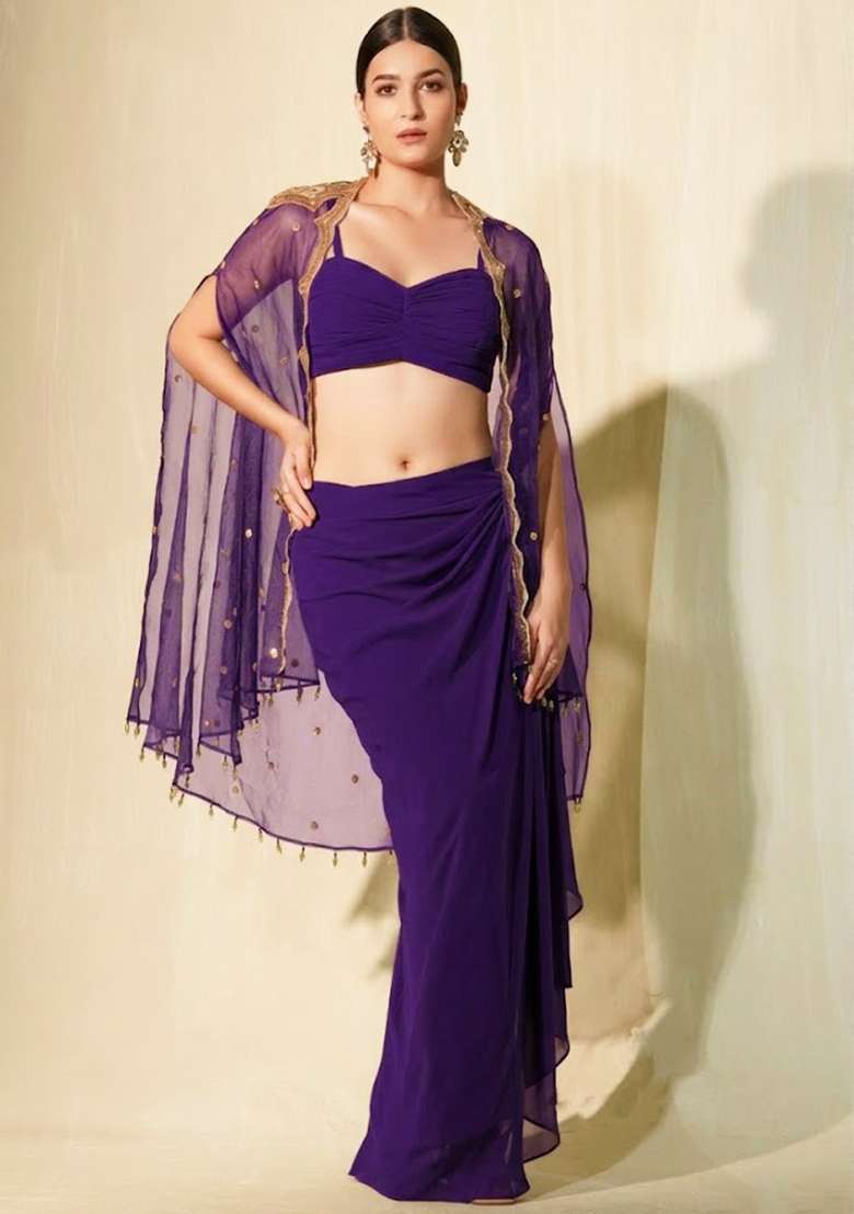 Purple Crepe Sequin Handwork Fusion Set - Indya