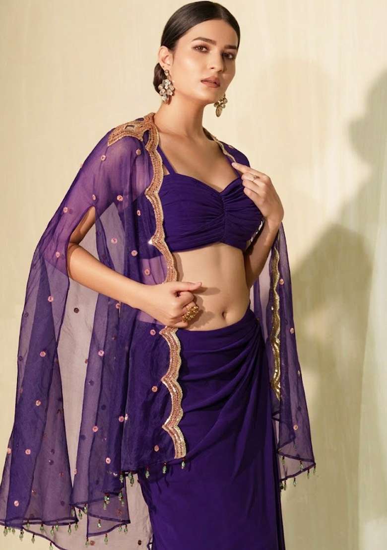 Purple Crepe Sequin Handwork Fusion Set - Indya