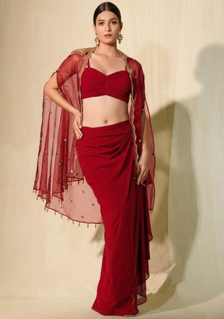 Red Crepe Sequin Handwork Fusion Set - Indya