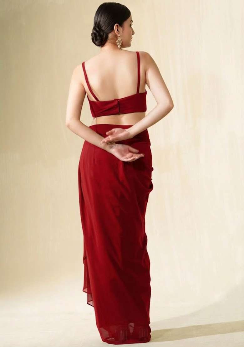 Red Crepe Sequin Handwork Fusion Set - Indya