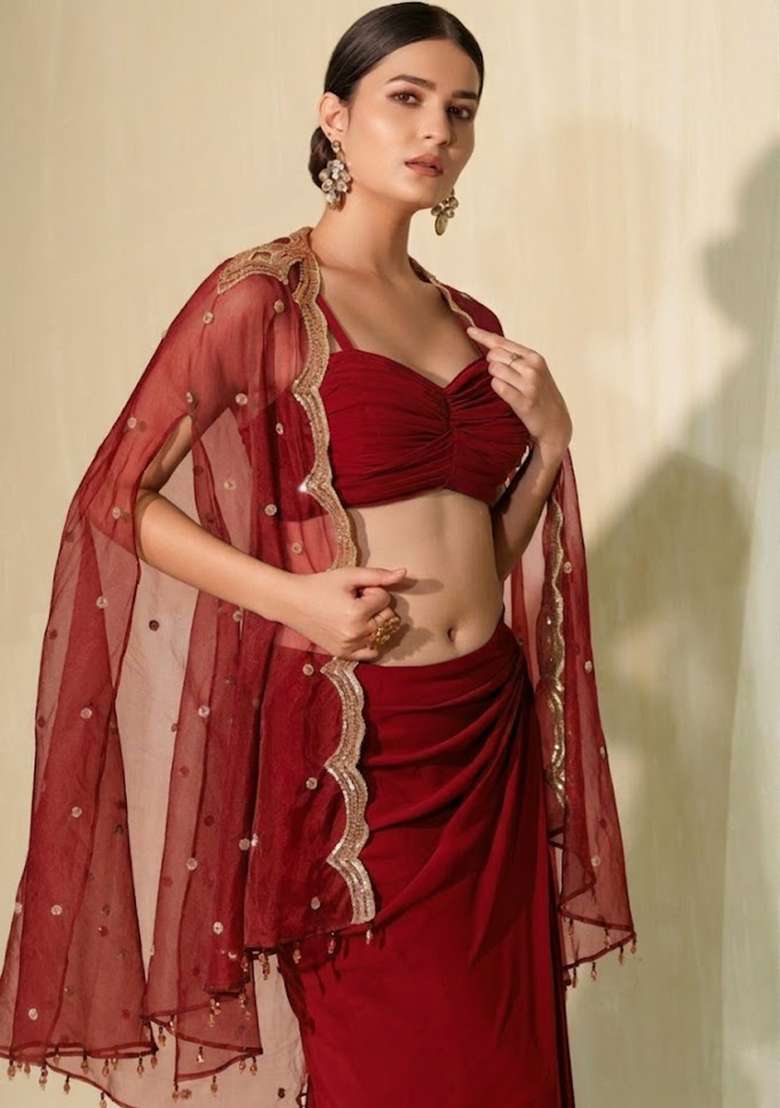 Red Crepe Sequin Handwork Fusion Set - Indya