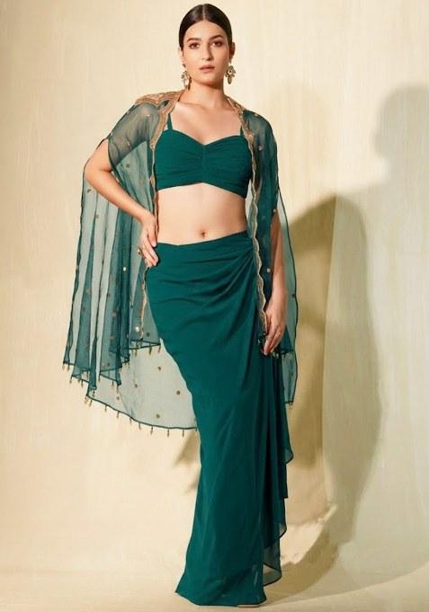 Teal Green Crepe Sequin Handwork Fusion Set