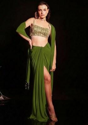 Olive Green Satin Embellished Handwork Fusion Set