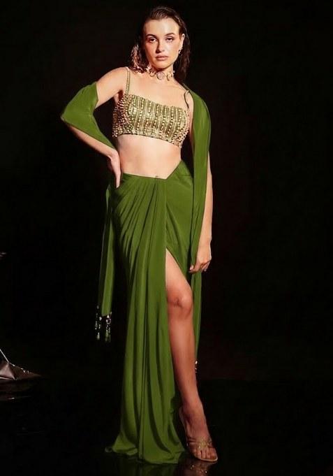 Olive Green Satin Embellished Handwork Fusion Set