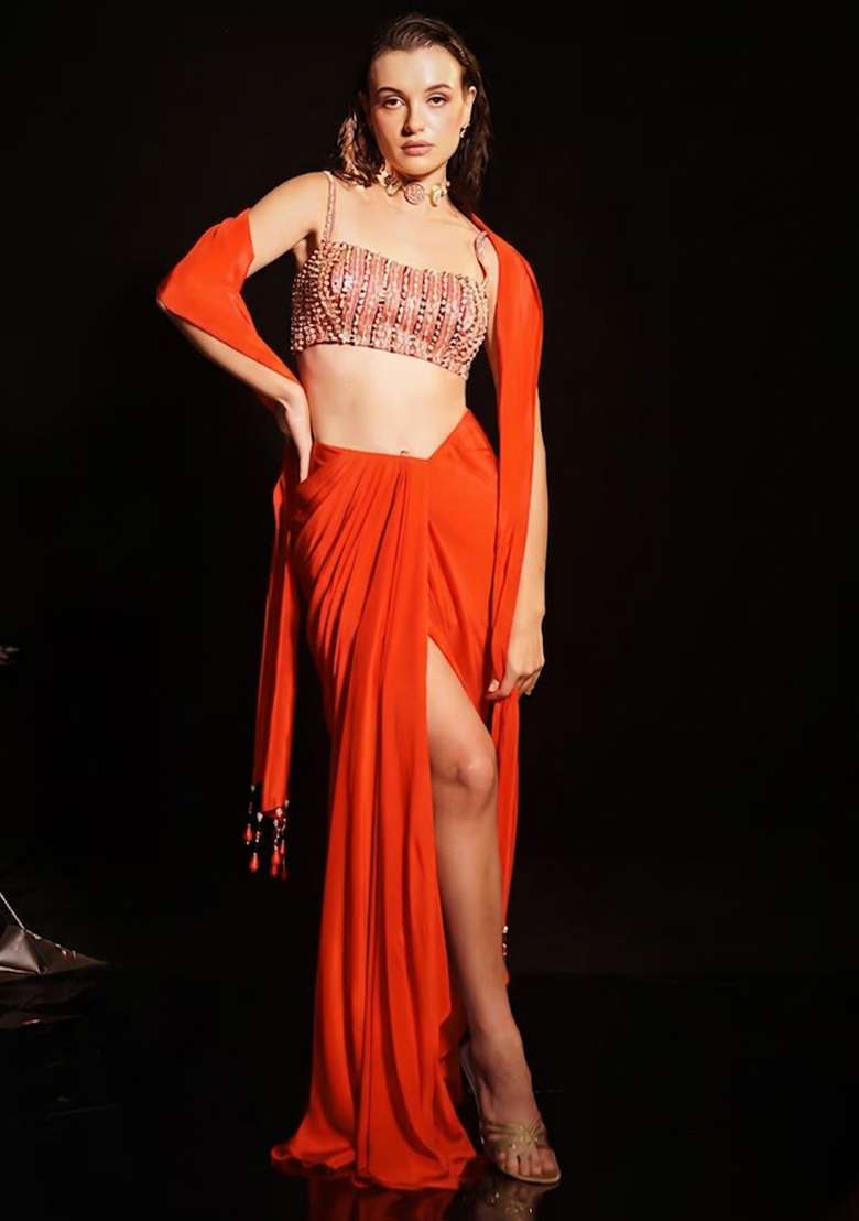 Red Satin Embellished Handwork Fusion Set - Indya