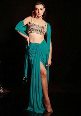 Teal Green Satin Embellished Handwork Fusion Set