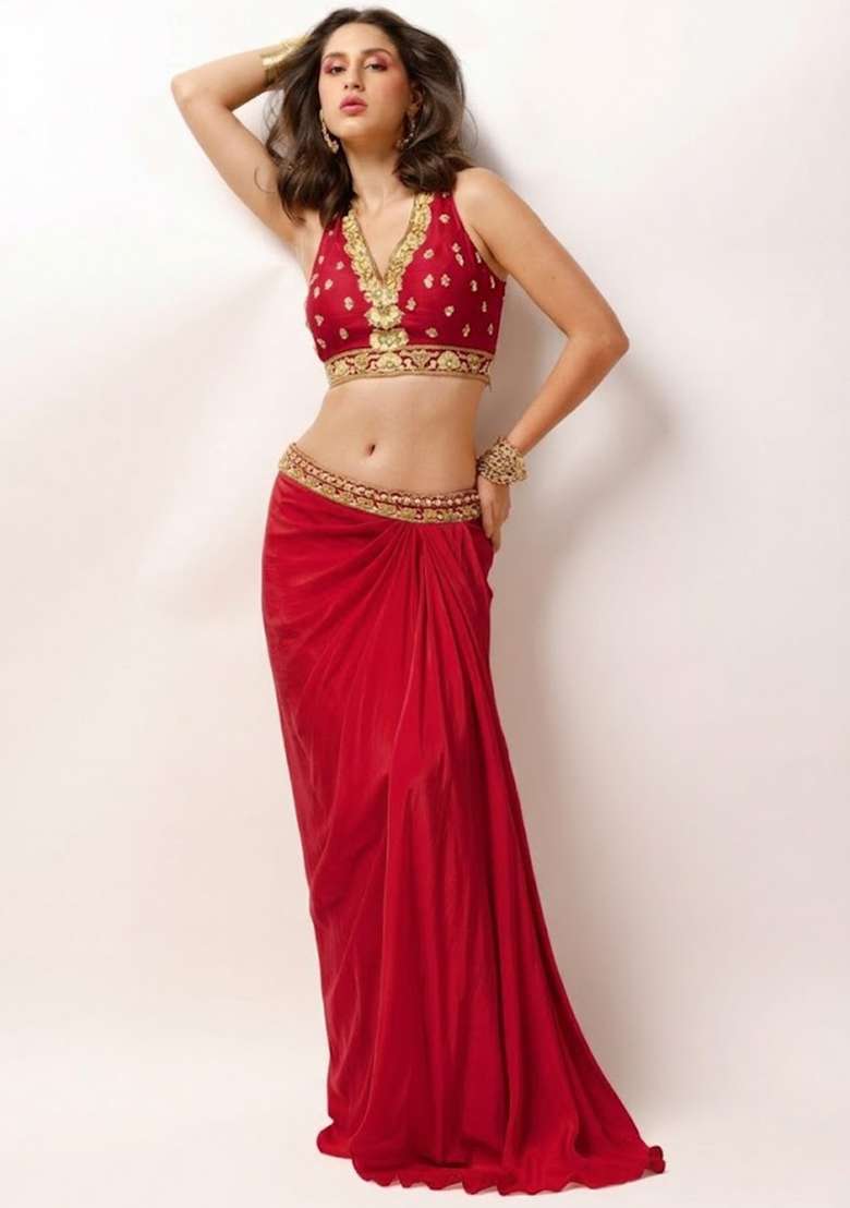 Red Crepe Embellished Handwork Fusion Set - Indya