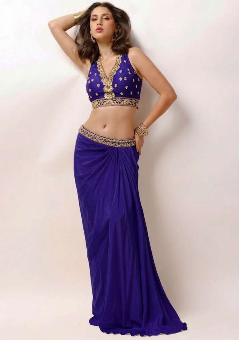 Royal Purple Crepe Embellished Handwork Fusion Set - Indya