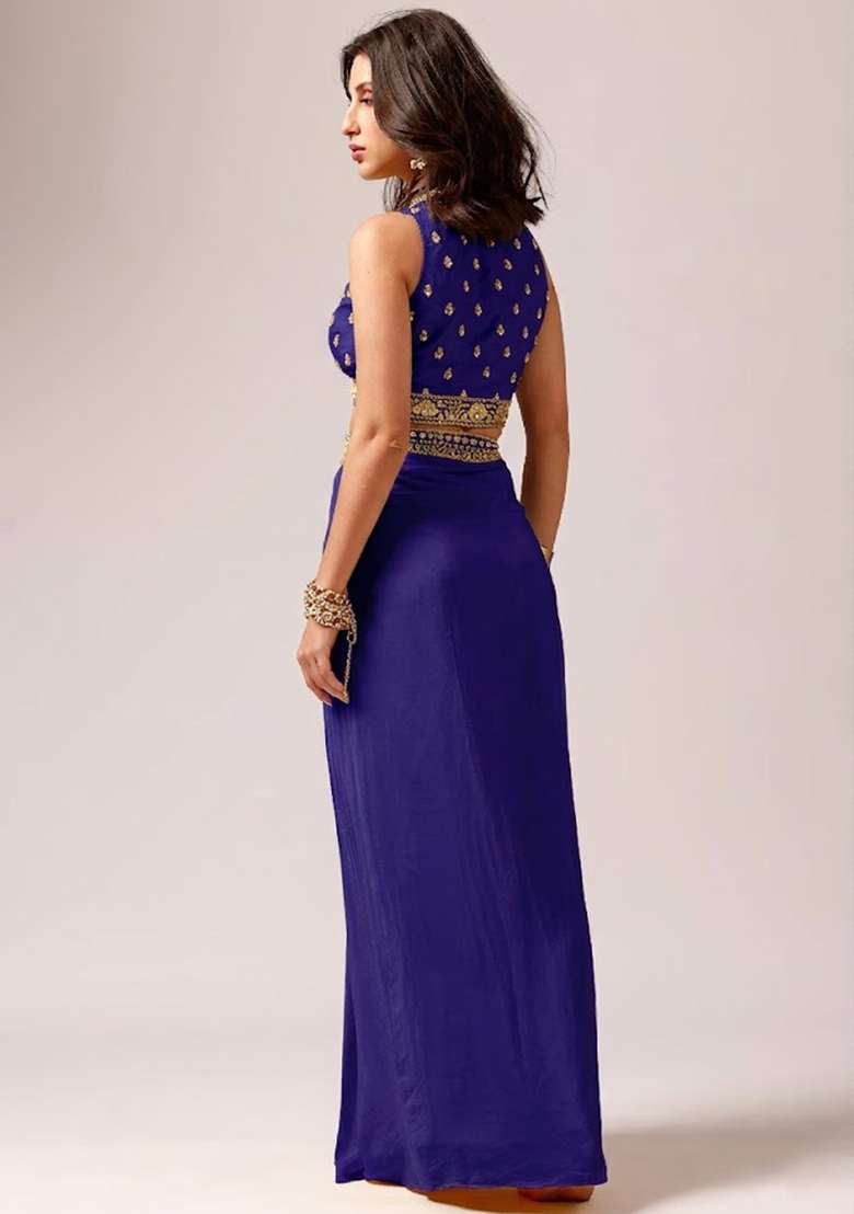 Royal Purple Crepe Embellished Handwork Fusion Set - Indya