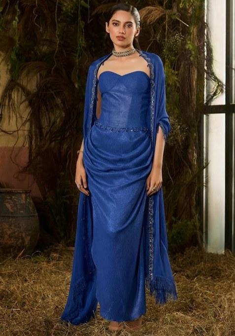 Navy Blue Chinon Embellished Handwork Fusion Set