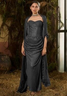 Charcoal Grey Chinon Embellished Handwork Fusion Set