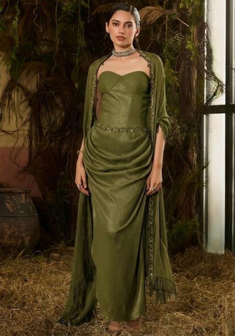 Olive Green Chinon Embellished Handwork Fusion Set