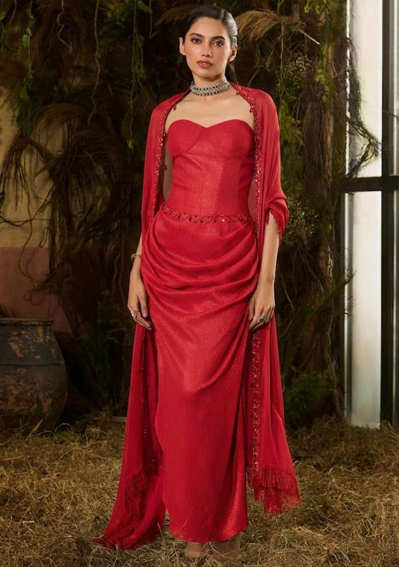 Red Chinon Embellished Handwork Fusion Set - Indya